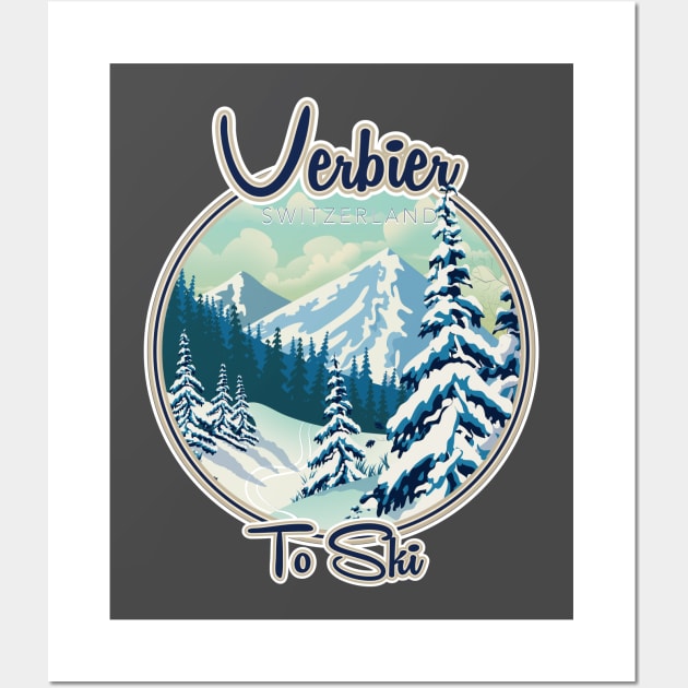 Verbier Switzerland Ski travel logo Wall Art by nickemporium1